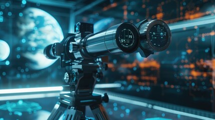 A telescope on a tripod in a space station. Ideal for science and technology concepts
