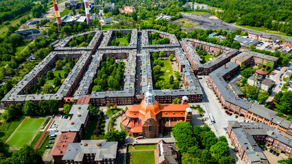 Katowice zabytkowa dzielnica Nikiszowiec z lotu ptaka