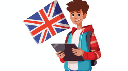 Teenage boy with UK flag and tablet computer on white
