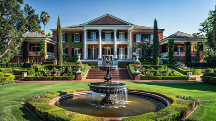 A colonial revival mansion with a grand staircase leading to a sprawling lawn, formal rose gardens, and a tiered fountain as the centerpiece © Flowal93