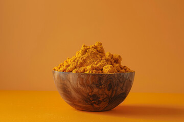 Wooden bowl overflowing with bright ground turmeric powder against a warm orange background,...