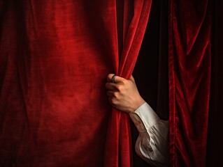 A hand in a white shirt pulls back a red velvet curtain, revealing a glimpse of darkness behind. The image evokes themes of mystery, anticipation, and the unveiling of secrets.