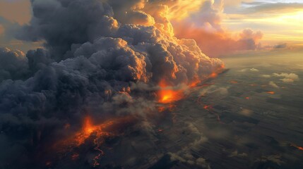 Aerial view of a volcanic eruption with fiery lava and smoke clouds.