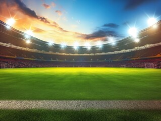 A vibrant soccer stadium under bright floodlights during sunset, with a lush green field and a...