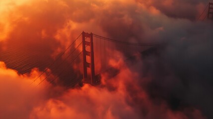 Aerial view of a bridge emerging through fog at sunrise.