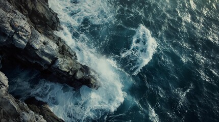 Aerial view of rocky coastline with crashing waves.