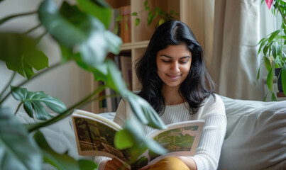 young woman reading a magazine at home