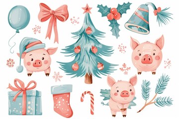 Adorable pigs with festive decorations, perfect for holiday designs