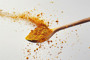 Wooden spoon disperses a dynamic burst of fine turmeric powder, creating an intense yellow splash against a white background