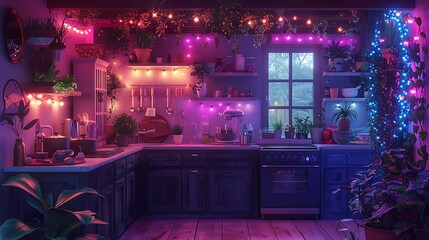 A bohemian kitchen with neon indigo fairy lights wrapped around indoor plants, adding a whimsical touch.