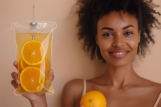 A radiant 30-year-old woman without makeup is smiling and holding an IV vitamin bag with orange slices against a beige background, promoting IV drip therapy for health and vitality