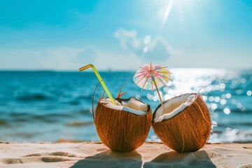 Two coconuts with straws and umbrellas on a sandy beach, turquoise ocean and clear sky in the background. Generated AI