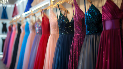 Elegant dresses for sale in luxury modern shop boutique, Prom gown, evening, bridesmaid dresses dress details. Dress rental for various occasions and events, generative ai - Powered by Adobe
