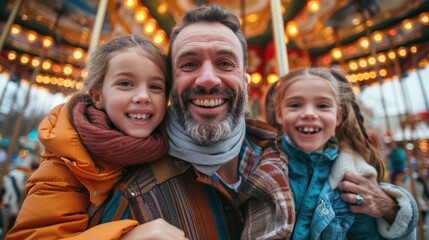 Happy children and family in amusement park at carousel