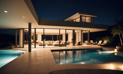 Fototapeta premium A modern luxury villa with a swimming pool and outdoor lounge area at night. The villa has a unique architectural design with large windows. The outdoor area features comfortable lounge chairs with 