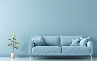 Modern interior design of living room with light blue sofa and copy space wall mock up