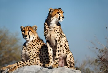 Cheetah's sitting on a rock in the sun