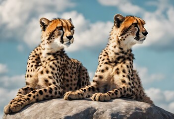 Cheetah's sitting on a rock in the sun