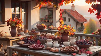 View to a rustic terrace filled with pots with autumn flowers and a vine full of red leaves and bunches of grapes. In the foreground a wooden table with a copious breakfast, coffee, bowls, vases and p