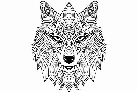 Black and white line art of a detailed wolf mandala suitable for coloring books