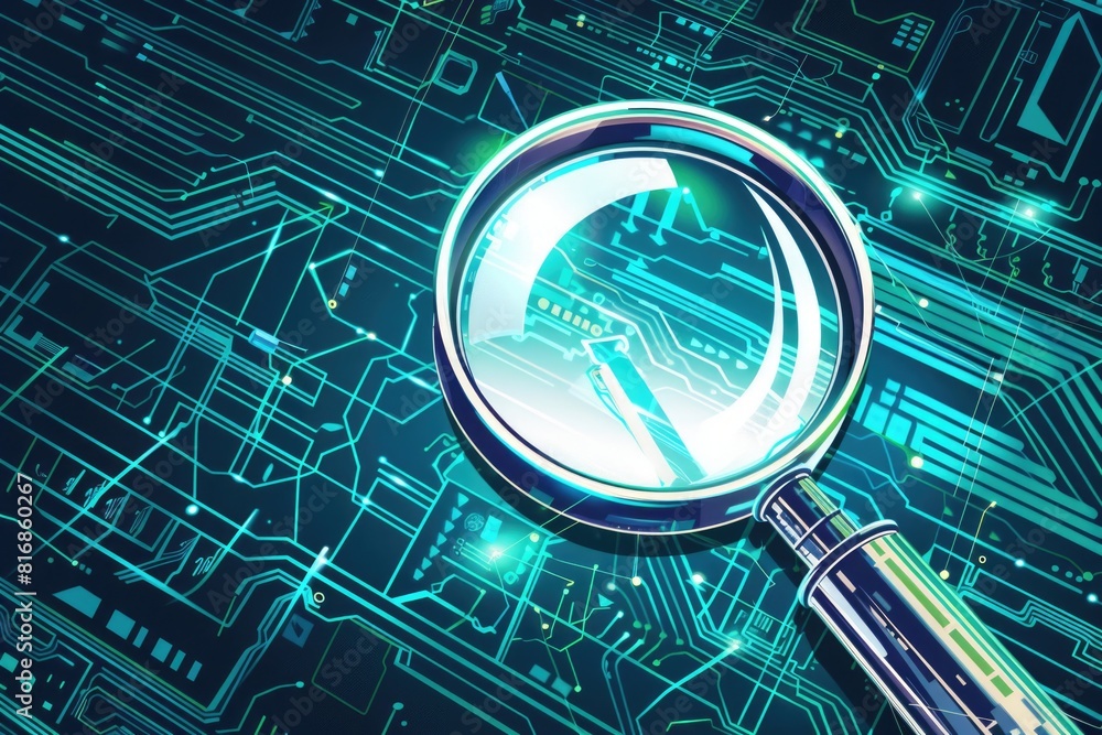 Poster close-up view of a magnifying glass over a circuit board. ideal for technology and electronics conce