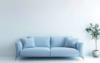Modern interior design of living room with light blue sofa and white wall background mock up
