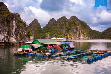 Floating fishing village in sea bay in Vietnam, boats and islands © Maresol