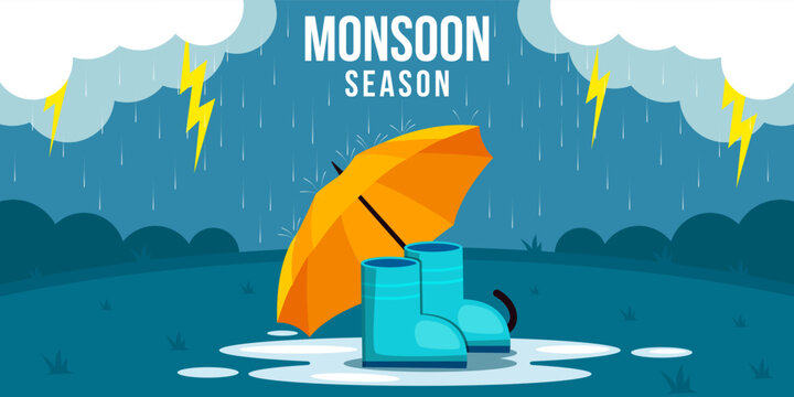 monsoon season landscape with umbrella and boots illustration