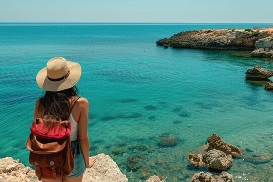 A woman with a backpack looking out over the ocean. Perfect for travel blogs or adventure websites