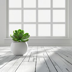 Minimalist interior with green plant on white floor