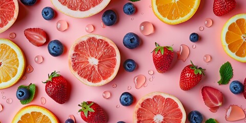 Citrus Dream: Vibrant Slices of Oranges, Grapefruits, Strawberries, and Blueberries on a Pink Canvas