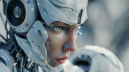 Closeup of a lifelike female robot with intricate cybernetic features