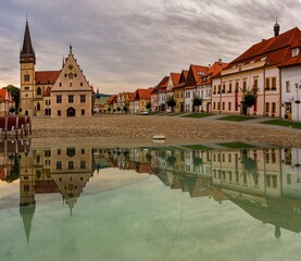 Historical square in the Bardejov town. Row of Houses on the town hall square in Bardejov,...