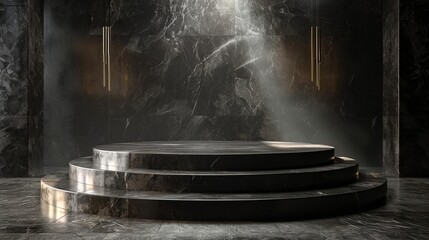 A sleek, minimalist podium crafted from black marble, illuminated by a single spotlight in a luxurious, dimly lit space