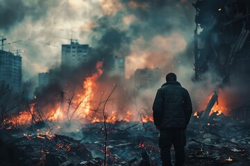 Obraz premium A man stands in front of a burning house. The scene is dark and ominous.