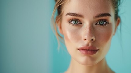 Naklejka premium Close-up portrait of woman with beautiful eyes and flawless makeup on turquoise background