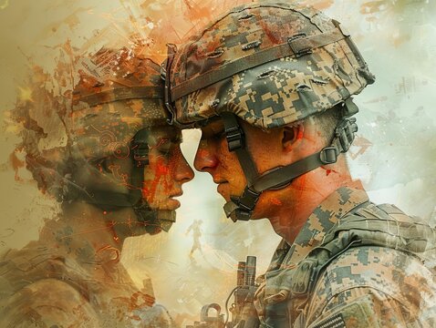 A soldier receives a medal, overlaid with images of their bravery in combat, acknowledging their courage and sacrifice