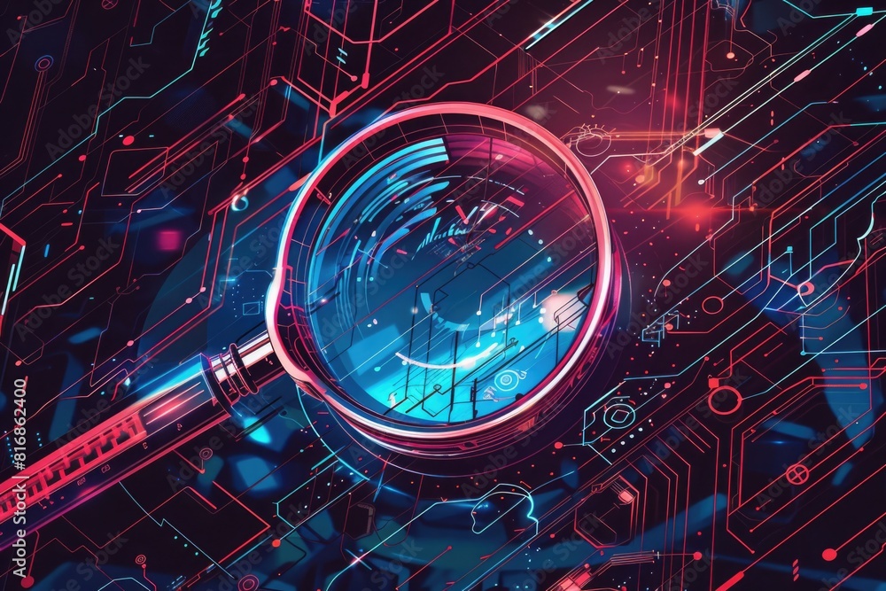 Poster close-up view of a magnifying glass on top of a circuit board. suitable for technology and electroni