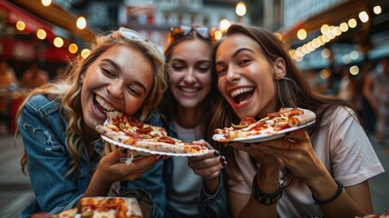 Obraz premium Group of three friends eat pizza and drink beer in a restaurant during their day break.