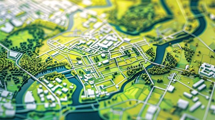 Abstract architectural model of the city on the map. Architectural background.