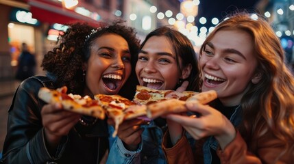 Fototapeta premium Group of three friends eat pizza and drink beer in a restaurant during their day break.
