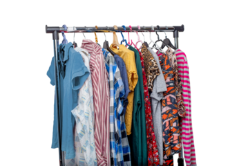 Various second-hand clothes from the wardrobe on the isolated rack