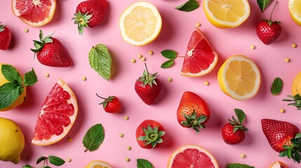 Juicy Delights: Fresh Fruits Dancing on a Pink Canvas
