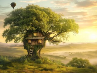 Obraz premium A whimsical treehouse nestled in a large tree, overlooking rolling hills at sunrise. A hot air balloon floats in the sky, adding a touch of adventure to the serene landscape