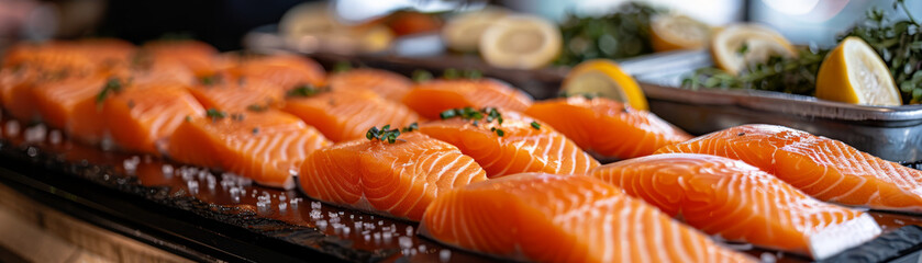 Slices of fresh salmon sashimi presented on a ceramic plate, garnished with herbs, ready for a Japanese cuisine experience.