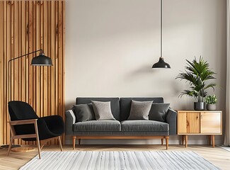 Modern interior of a living room with a stylish sofa and decorative elements as a stock photo contest winner