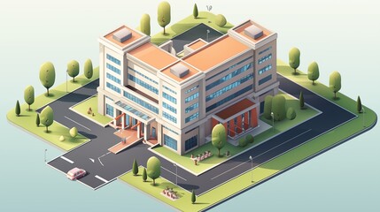 School building with modern architecture in isometric view.