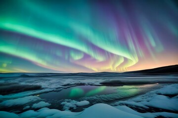 Paisaje frio invernal de un río rodeado de nieve con la aurora boreal y luces del norte en el cielo