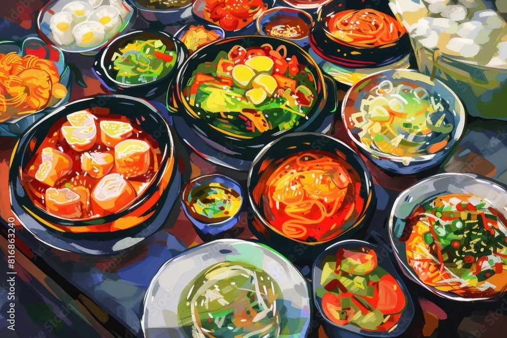 Poster an assortment of food items displayed on a table. suitable for culinary concepts