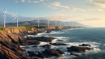 Wind turbines generate clean, renewable energy along the coastline.